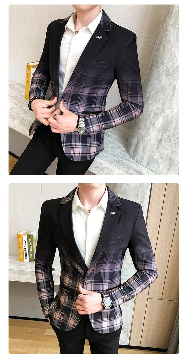 2022 Spring New Colorblock Plaid Blazer Men Slim Casual Man Blazers Wedding Business Party Clothing Dress Coat Blazer M-3XL