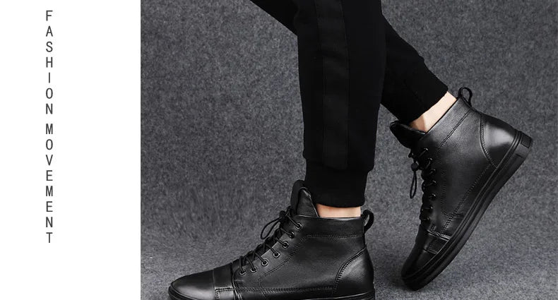 Winter Genuine Leather Boots Men Ankle Casual High Top Skateboarding Shoes Cow Leather Big Size 47 48