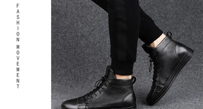 Winter Genuine Leather Boots Men Ankle Casual High Top Skateboarding Shoes Cow Leather Big Size 47 48