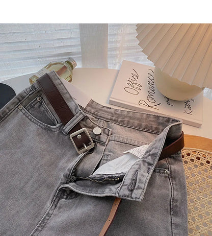 Straight Jeans Women with Belt Vintage Basic Blue Ankle-length Denim Pants Boyfriend Gray Jeans Korean 2021
