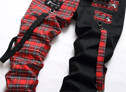 New Fashion Red Plaid Patchwork Punk Zipper Men Pencil Jeans Trousers Y2K Buckle Hip Hop Gothic Slim Denim Pants Pantaloni Uomo