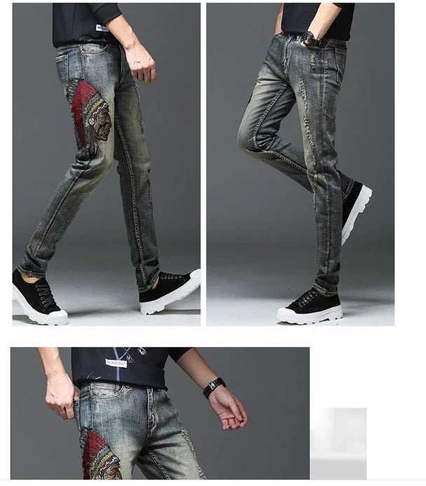 Indian Avatar Embroidered Jeans Men Scratch Long Cracks High Street Pants Soft Red Ears Blue Grey Slim 2020 Western Style