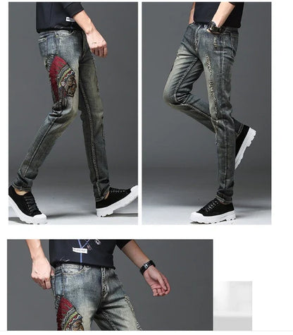 Indian Avatar Embroidered Jeans Men Scratch Long Cracks High Street Pants Soft Red Ears Blue Grey Slim 2020 Western Style