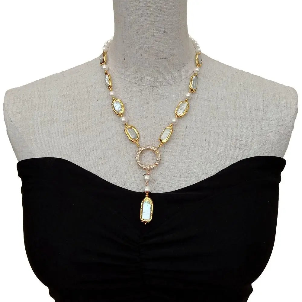 Natural 8-9mm Round Rectangle Cultured White Biwa Pearl Round Freshwater Pearl Y-Drop Necklace 18.5'