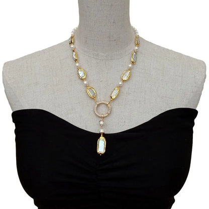 Natural 8-9mm Round Rectangle Cultured White Biwa Pearl Round Freshwater Pearl Y-Drop Necklace 18.5'