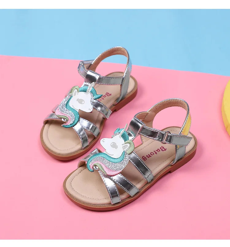 Unicorn girls sandals bright metallic kids girls sandals Adjustable customized fit princess summer shoes