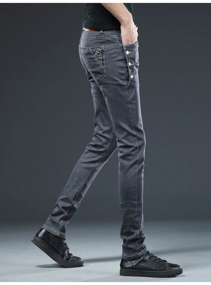 New Men Slim Button Black Skinny Jeans Solid Color Stretch Skateboard Multi-button Youth Male Denim Pants