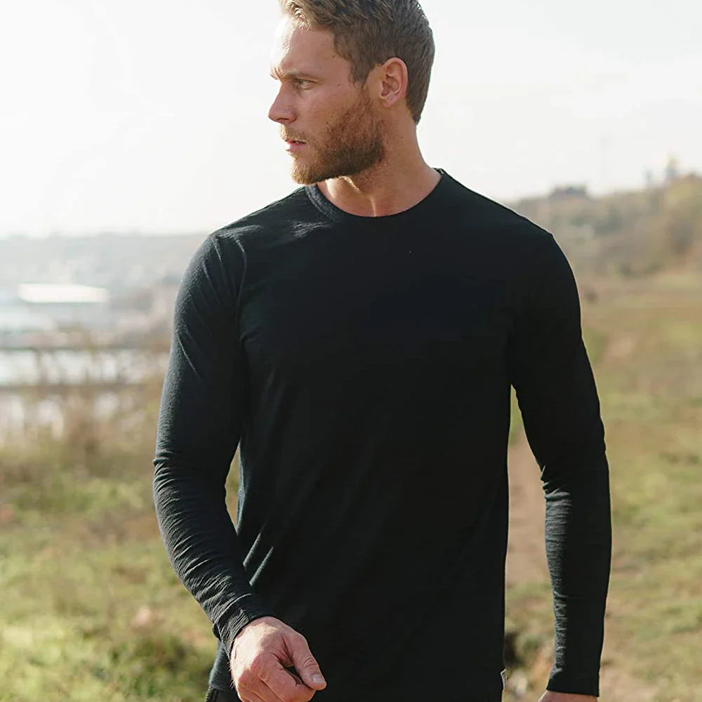 Men's 100% Merino Wool Thermal Long Sleeve T-Shirt Base Layer Breathable Wicking Anti-Odor Underwear for Outdoor Activities