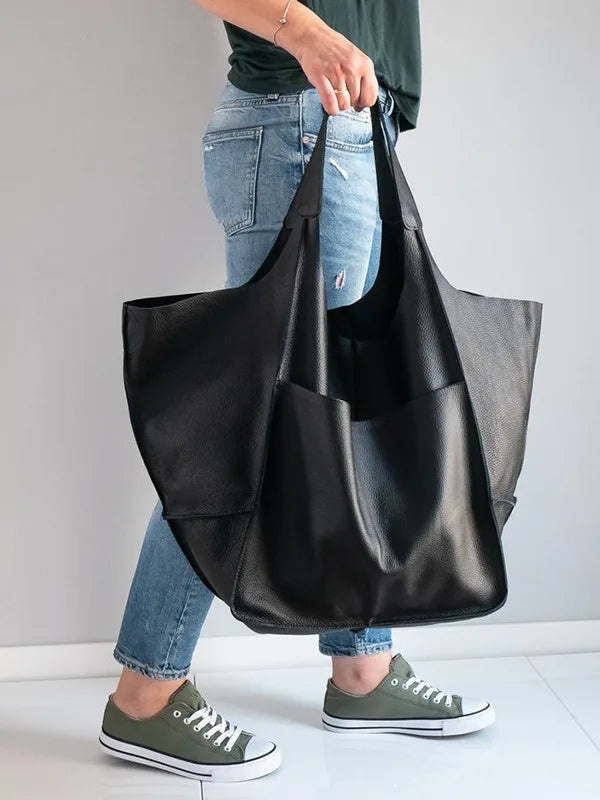 Casual Soft Large Capacity Tote Women Handbags Designer Aged Metal Look Luxury Pu Leather Shoulder Bag Retro Big Shopper Purses