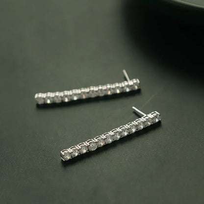 Real Sterling Silver 3mm Round Cubic Zirconia 38mm Height Dangle Design Solid 925 Metal Jewelry Tennis Earrings