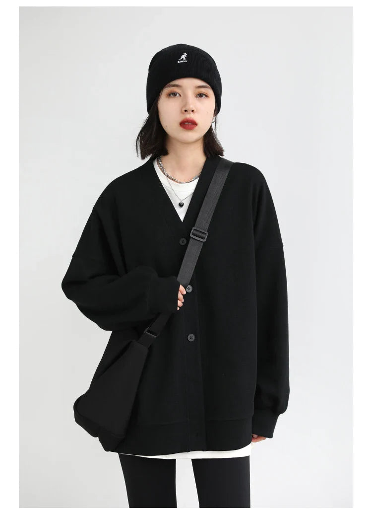 Korean Autumn Winter Women's Sports Coat Casual Loose V-neck Sweatshirt for Women Thick Warm Tops Office Lady Female