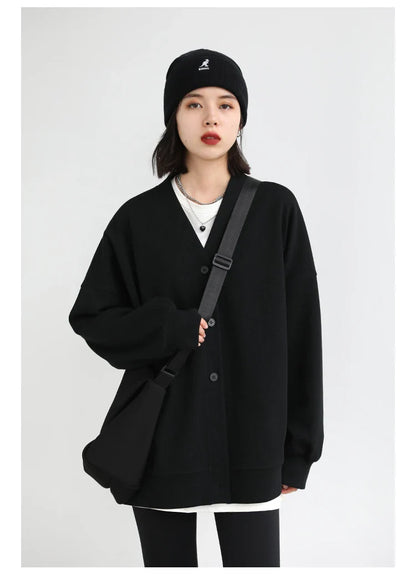 Korean Autumn Winter Women's Sports Coat Casual Loose V-neck Sweatshirt for Women Thick Warm Tops Office Lady Female