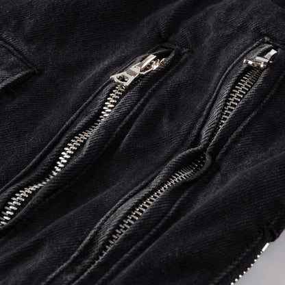 Men's Zippers Black Biker Jean Jacket Streetwear Thick Denim Slim Coat with Belt High Quality