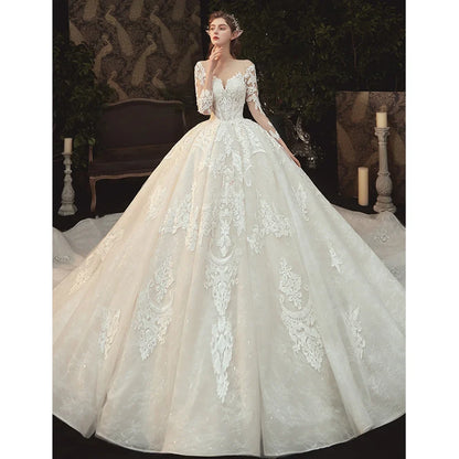 Beading Pearls Appliques Lace Illusion Princess Ball Gown Wedding Dress With Long Sleeve Vestido De Noiva Princesa