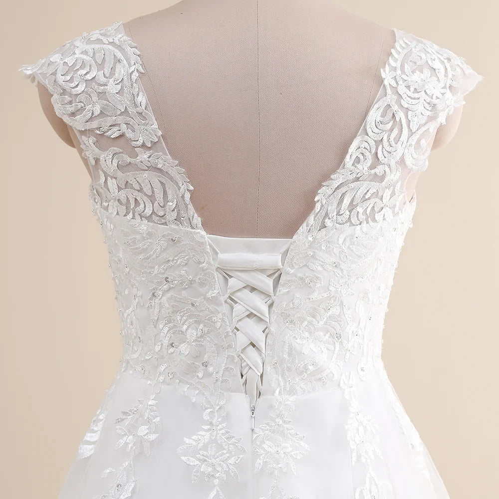 Amazing Wedding Dress Plus Size Customized V neck Cap Sleeve A Line Gowns Tulle Lace Applique Robe De Mariee Bridal Gown
