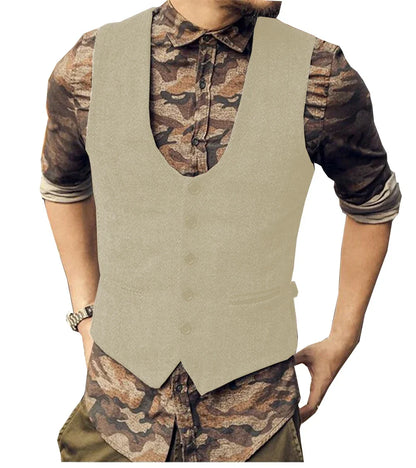 2022 Brown Men's Casual Herringbone Pattern Suit Vest Wool/Tweed Suit Vest U-neck Waistcoat Groomsmen For Wedding