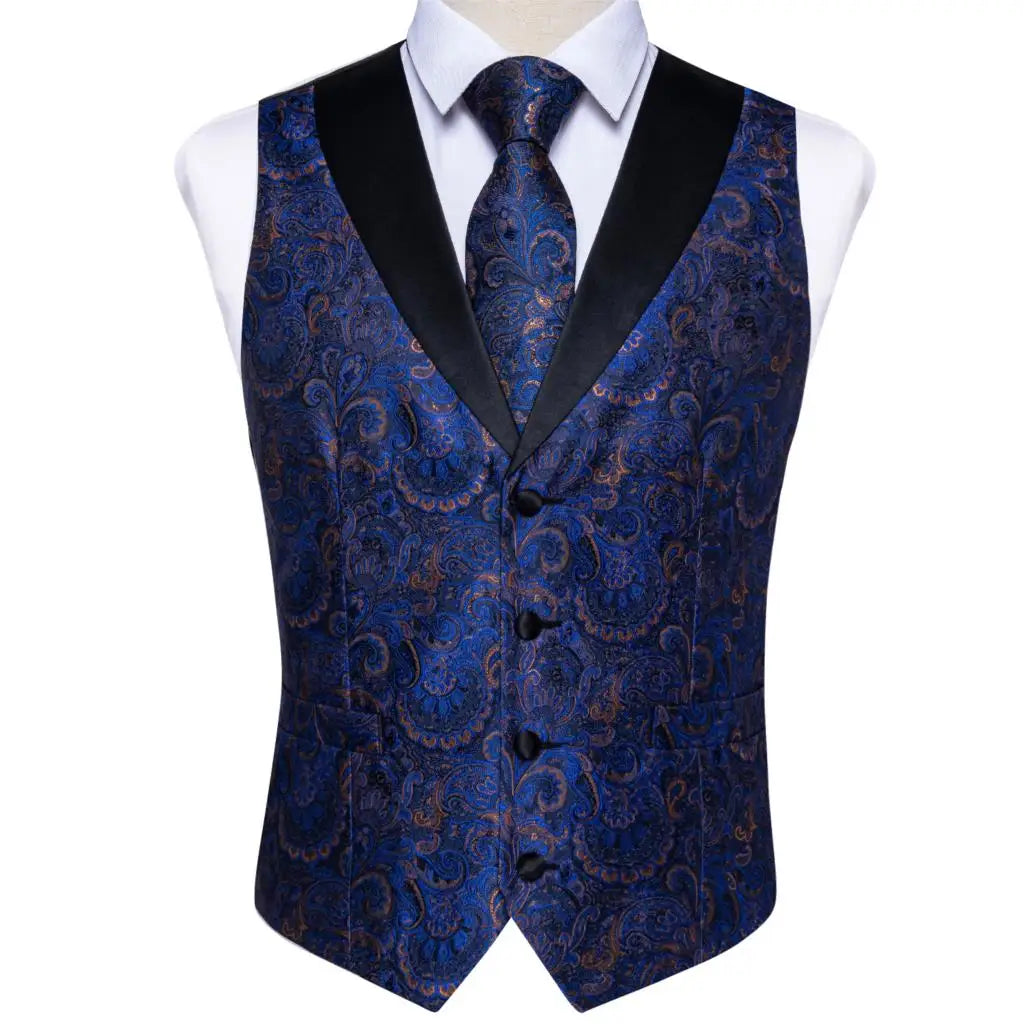Men's Vest Blue Floral Suit Vest V Neck Tie Set For Wedding Party Brand Formal Dress Waistcoat Man Casual Sleeveless Jacket