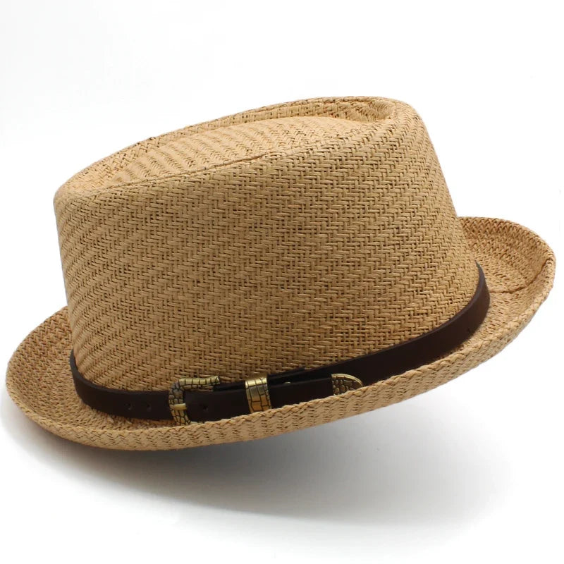 Men Women Classical Straw Pork Pie Hats Fedora Sunhats Trilby Caps Summer Boater Beach Outdoor Travel Party Size US 7 1/4 UK L