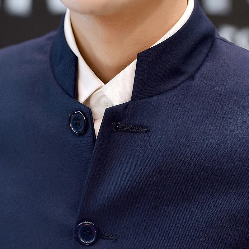 2026 New Men's Black Blazers Coat, Masculino Single Breasted Stand Up Collar Men Long-Sleeved Terno Jacket, Blue Red Overcoat