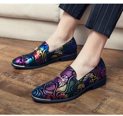New Men Dress Leather Shoes For Men Luxury British Gold Blue National Pattern Oxfords Classic Gentleman Wedding Prom Shoes