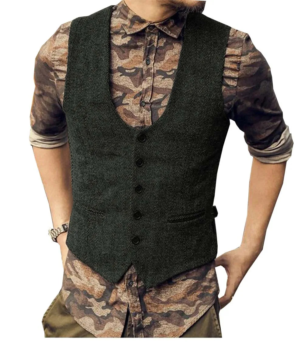 2022 Brown Men's Casual Herringbone Pattern Suit Vest Wool/Tweed Suit Vest U-neck Waistcoat Groomsmen For Wedding