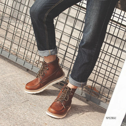 Handmade Men Boots Vintage Casual Autumn Winter Cow Leather Shoes British Ankle Boots Wings Motorcycle Boots Zapatos Hombre