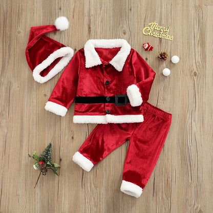 0-4Years Infant Baby Kids Santa Claus Costumes Fall Winter Christmas Suits Boy Girl Long Sleeve Tops+Trousers+Hat Velvet Outfits