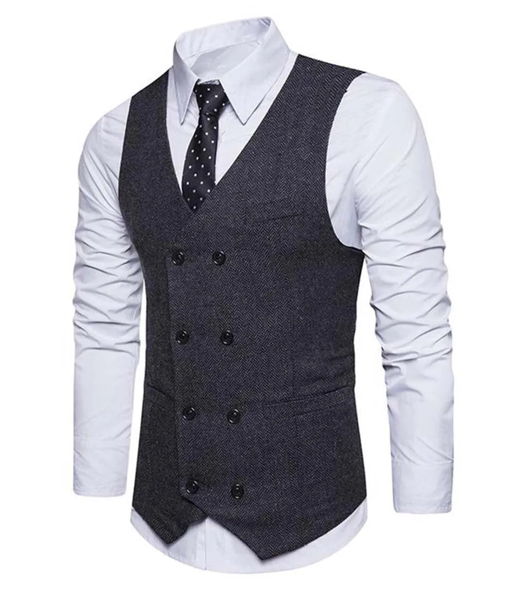 2022 New Men's Royal Blue Double-breasted Vest Suit Vest Casual Top Quality Herringbone Pattern Waistcoat For Wedding