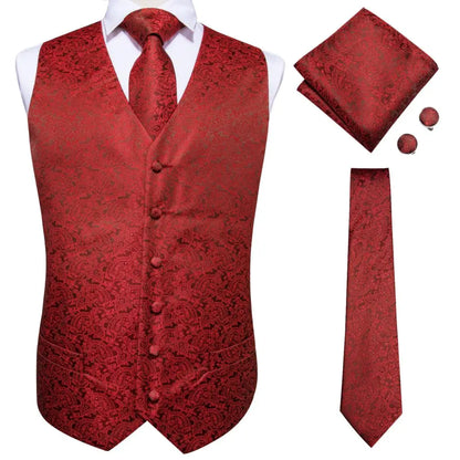 Silk Mens Vests Sleeveless Waist Jacket Jacquard Black Orange Floral Waistcoat Tie Hanky Cufflinks Set for Men Casual XXL