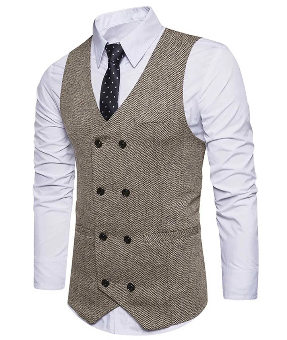 2022 New Men's Royal Blue Double-breasted Vest Suit Vest Casual Top Quality Herringbone Pattern Waistcoat For Wedding