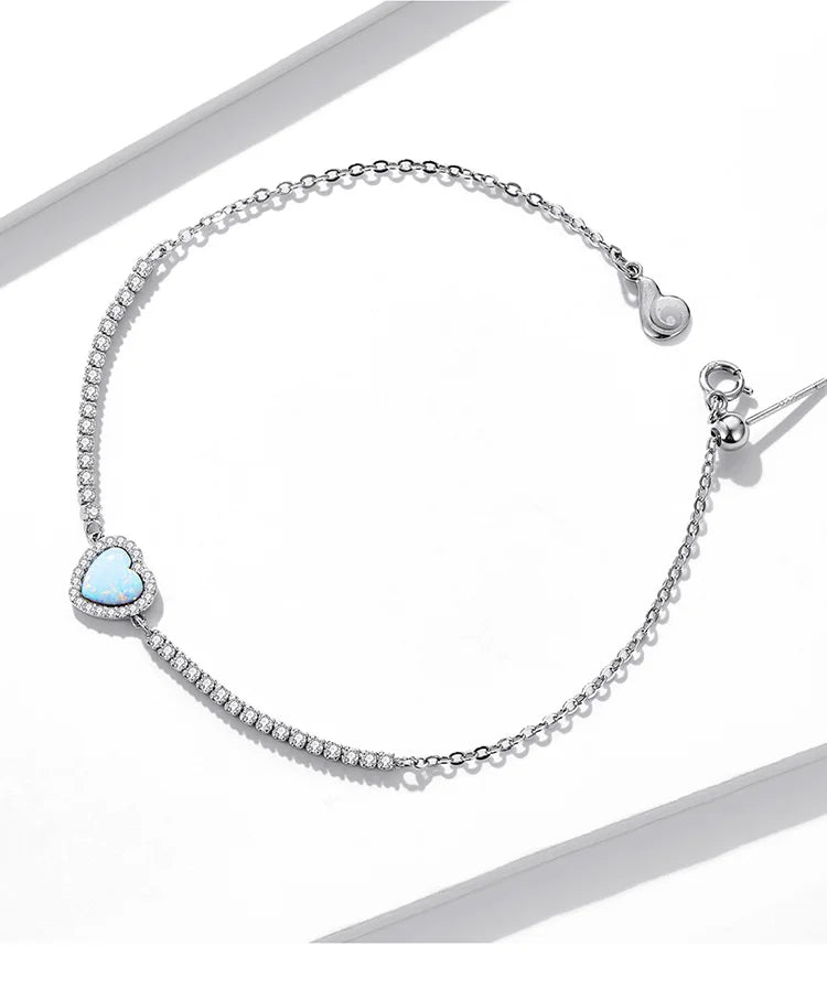 Authentic 925 Sterling Silver Opal Heart-Shaped Pendant Bracelet Fit Women Sterling Silver Jewelry Gift