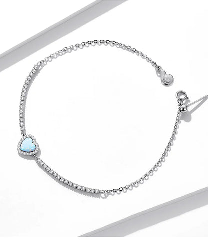 Authentic 925 Sterling Silver Opal Heart-Shaped Pendant Bracelet Fit Women Sterling Silver Jewelry Gift