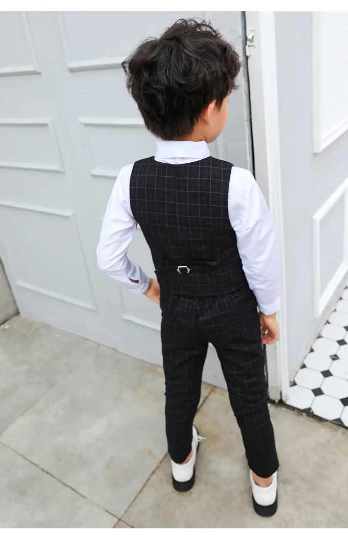 Boy Plaid Vest Blazer Kids Waistcoat Wedding Clothes Set Toddler Formal Dress Suit Child Brooch Shirt Pant Baby Gentlemen Outfit