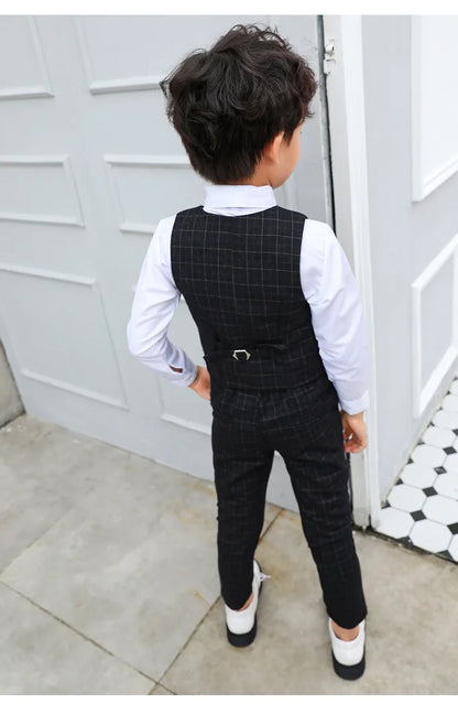 Boy Plaid Vest Blazer Kids Waistcoat Wedding Clothes Set Toddler Formal Dress Suit Child Brooch Shirt Pant Baby Gentlemen Outfit