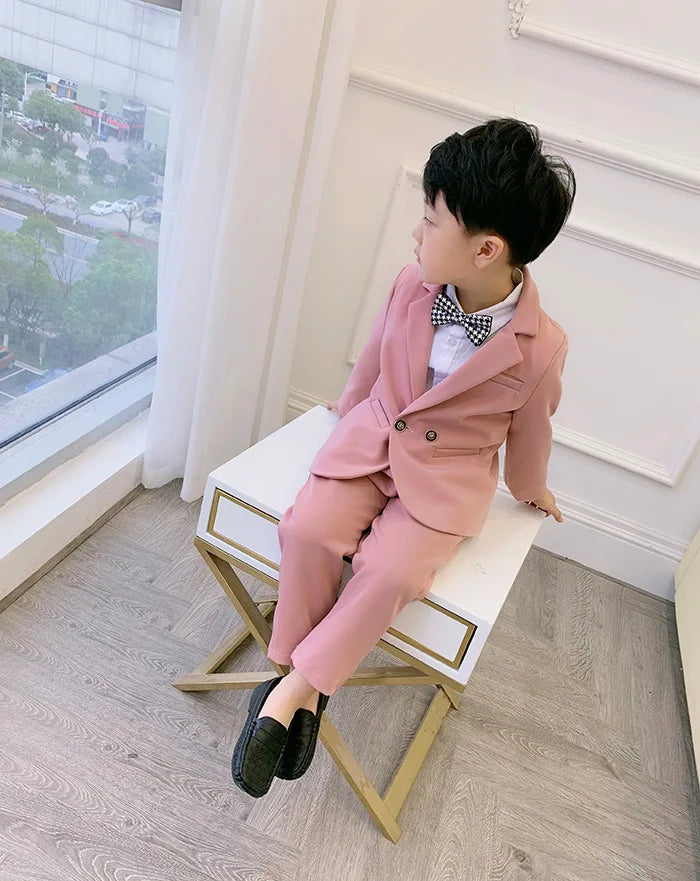Teenager Boys Pink Black Jacket+Pants 2Pcs Clothing Set Gentleman Kids Formal Wedding Suit Children Performance Graduation Dress