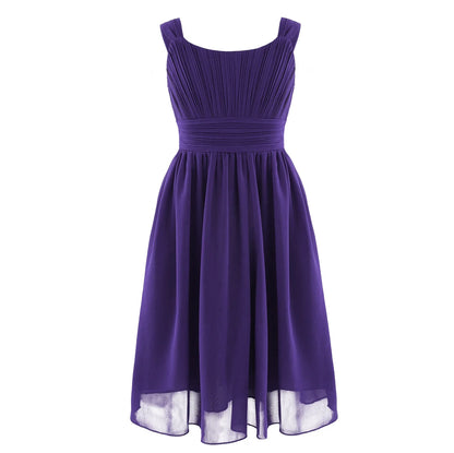 Summer Fashion Flower Girls Dress Wedding Birthday Party Kids Chiffon Dress Sleeveless Ruched Bodice Elegant Princess Dress