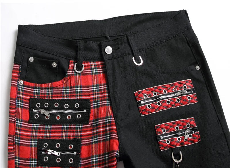 New Fashion Red Plaid Patchwork Punk Zipper Men Pencil Jeans Trousers Y2K Buckle Hip Hop Gothic Slim Denim Pants Pantaloni Uomo