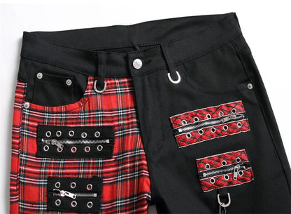 New Fashion Red Plaid Patchwork Punk Zipper Men Pencil Jeans Trousers Y2K Buckle Hip Hop Gothic Slim Denim Pants Pantaloni Uomo