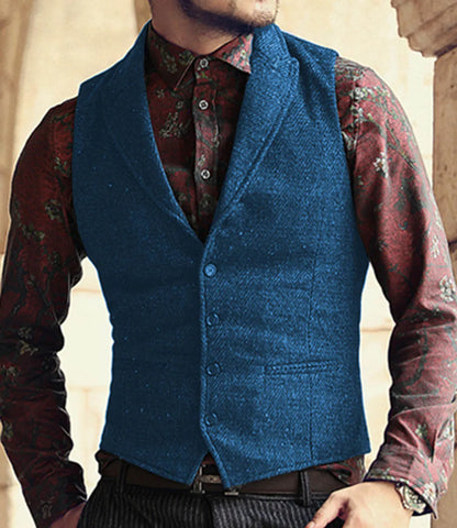 Men's Classic Suit Vest Herringbone Pattern Business Waistcoat Notch Lapel Wool Tweed Groomsmen Waistcoat For Wedding