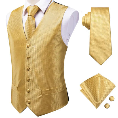 Jacquard Mens Suit Vests Gold Solid Plain 4PC Waistcoat Tie Hanky Cufflinks Set Business Wedding Dress Waist Jacket