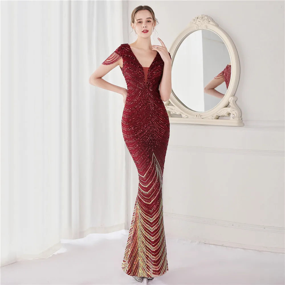 Elegant V Neck Mermaid Evening Dress Long Luxury Beads Women Evening Party Dresses 2025 New Formal Dress 19085
