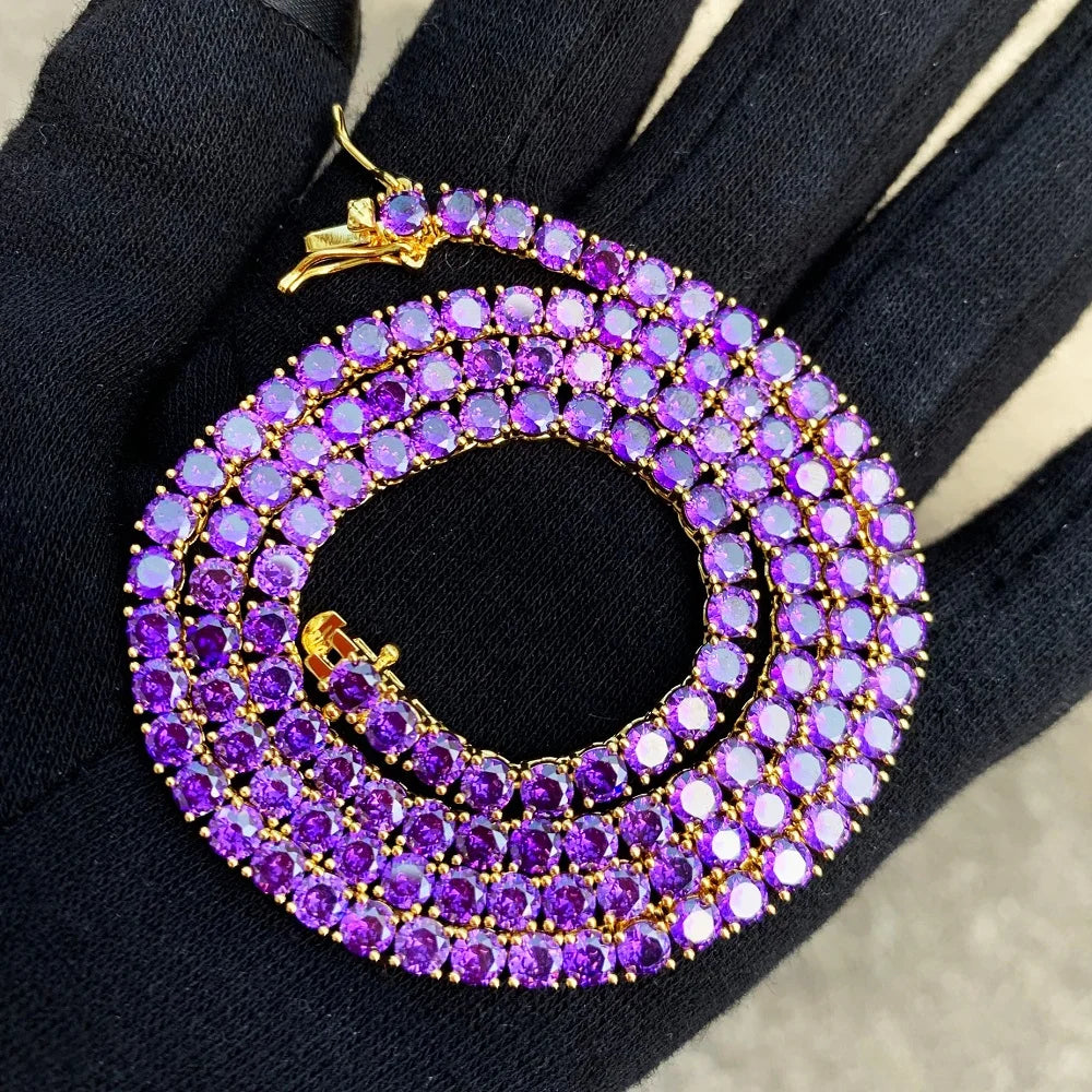 Purple Tennis Chain Necklace Hip Hop Rock Street Jewelry AAAAA Cubic Zirconia 24K Real Gold Color Plated