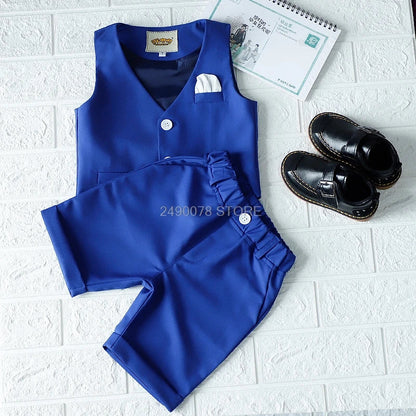 Boys Girls Summer Vest Shorts Clothing Set Baby Children Birthday Ceremonial Wedding Dress Skirt Suit Gentleman Kids Costumes
