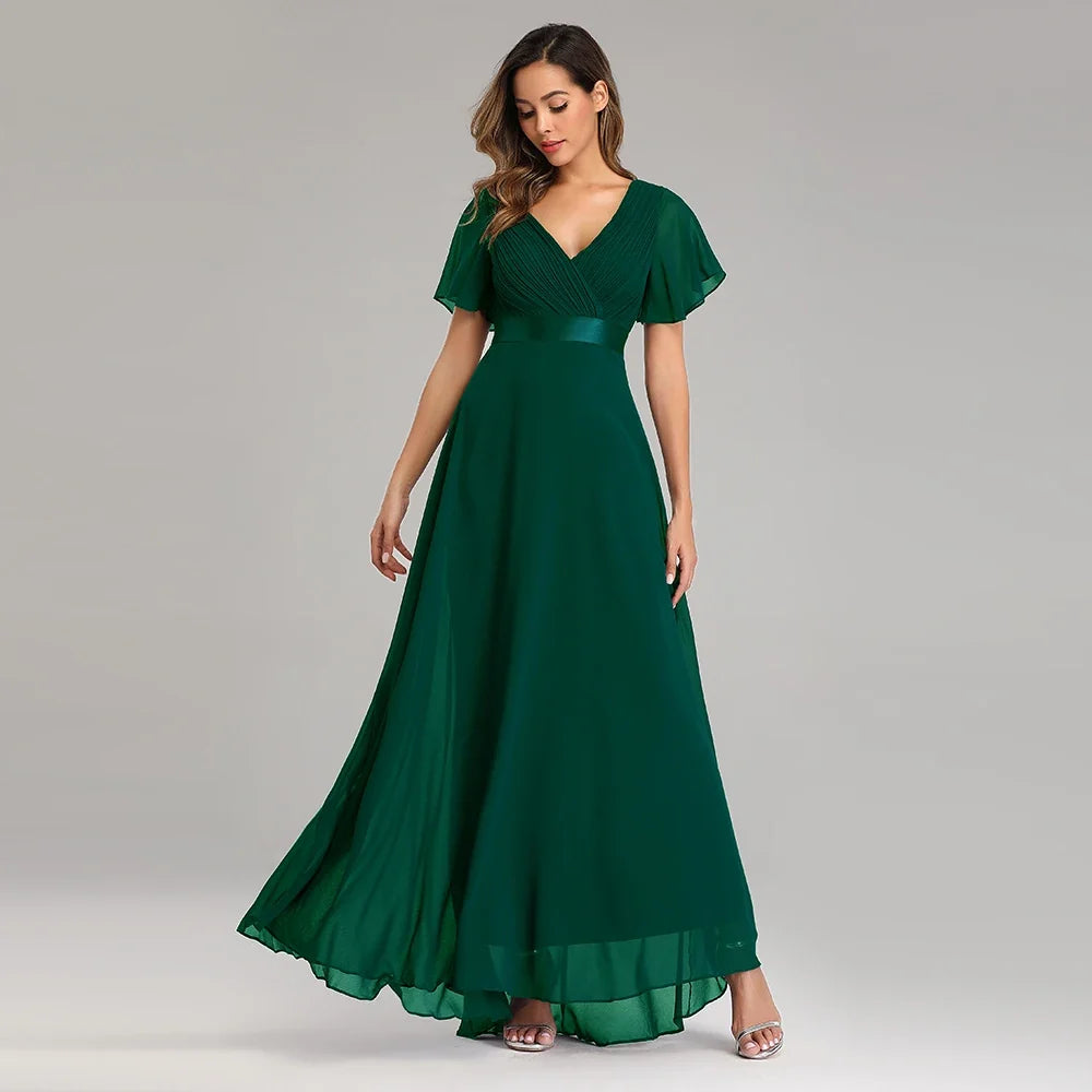 Evening Dresses Elegant V-Neck Ruffles Chiffon Formal Evening Gown  Robe Vestidos De Fiesta Dress for Wedding Party
