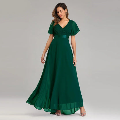 Evening Dresses Elegant V-Neck Ruffles Chiffon Formal Evening Gown  Robe Vestidos De Fiesta Dress for Wedding Party
