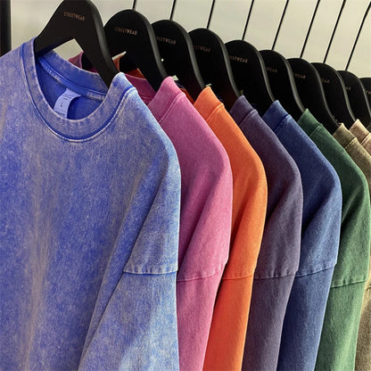 2025 High Street Summer Washed Cotton T-Shirt Tees For Men Unisex Loose Retro Solid T Shirts Brand Tops HY0113