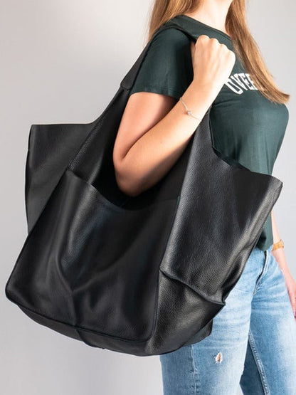 Casual Soft Large Capacity Tote Women Handbags Designer Aged Metal Look Luxury Pu Leather Shoulder Bag Retro Big Shopper Purses