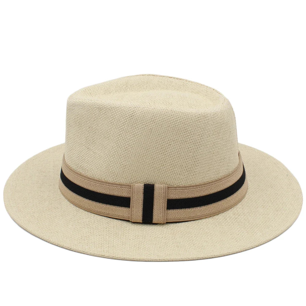 Men Women Straw Panama Hats Summer Wide Brim Bowtie Band Fedora Sunhats Trilby Caps Outdoor Beach Travel Size US 7 1/4 UK L