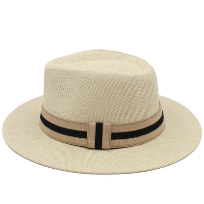 Men Women Straw Panama Hats Summer Wide Brim Bowtie Band Fedora Sunhats Trilby Caps Outdoor Beach Travel Size US 7 1/4 UK L