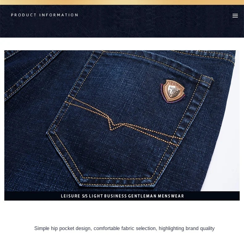 2024 autumn spring fitted straight stretch denim jeans classic style badge youth men's business casual jeans trousers
